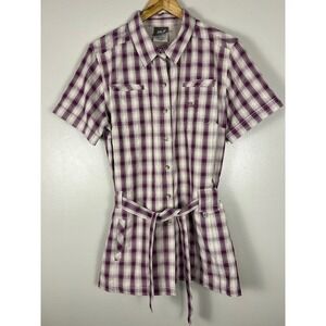 Jack Wolfskin Womens Plaid Short Sleeve Travel Shirt Belted Purple White M